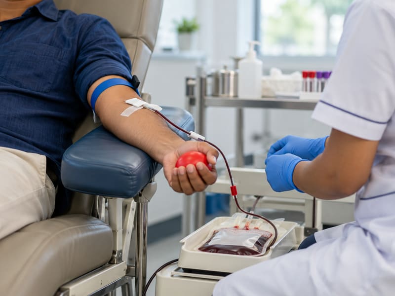 A voluntary blood donor giving blood while a nurse looks on